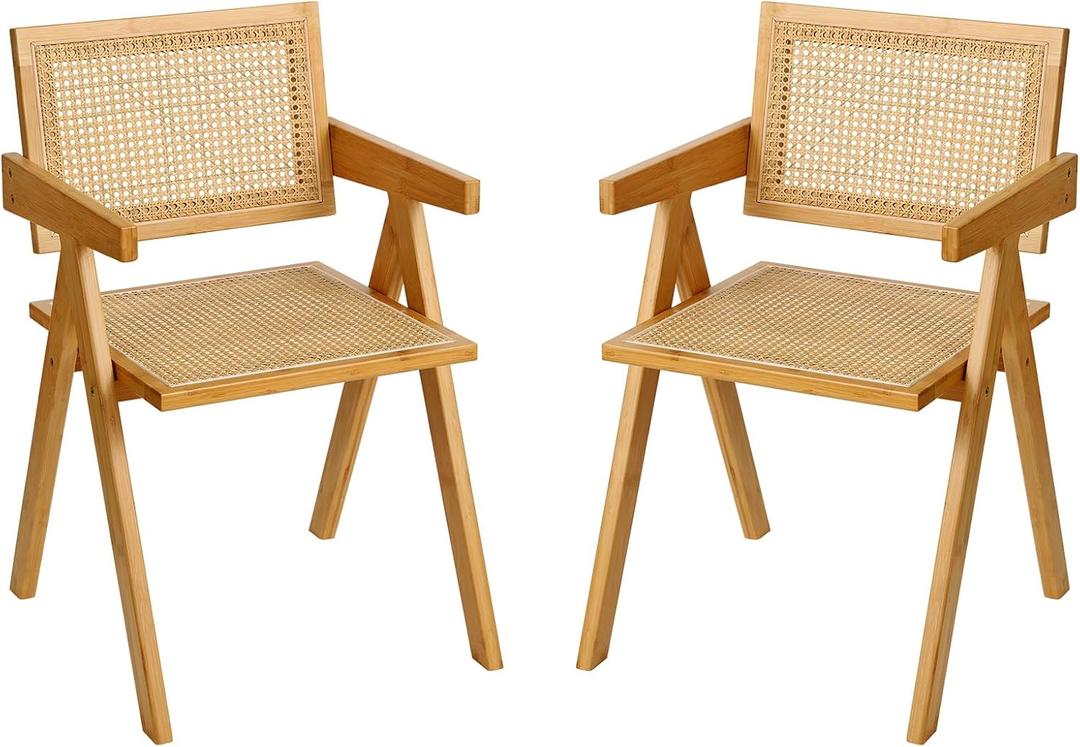 Rattan Dining Chairs Set of 2, Modern Mid Century Accent Chairs, Comfy Armchairs, Outdoor Rattan Chairs with Armrest for Bedroom Living Room Reading Room Dining Kitchen (Wood-2pack)