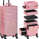 Rolling Makeup Case with Drawer, Makeup Train Case, 4 in 1Cosmetology Case on Wheels, Christmas Gift, Large Makeup Case Organizers, Profesional Cosmetic Case for Salon Barber, Light pink