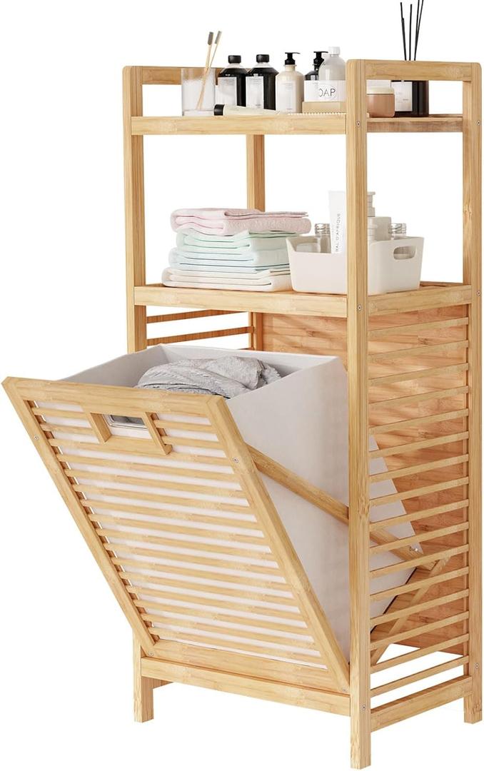 Lkeiyay Laundry Hamper Tilt-Out Laundry Linen Hamper Bamboo, 2 storage shelves and Removable Lining for Bedroom,Laundry Room,bathroom storage cabinet (2 Tier - Small)