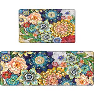 Boho Floral Kitchen Rugs Mats for Floor 2 Piece Memory Foam Padded Kitchen Mats Anti Fatigue Non Slip Cushioned Comfort Standing Mat, 17.3x28+17.3x47 Inch Boho Floral Kitchen Rugs Mats for Floor 2 Piece Memory Foam Padded Kitchen Mats Anti Fatigue Non Slip Cushioned Comfort Standing Mat, 17.3x28+17.3x47 Inch