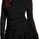 Verdusa Women's Floral Lace Wedding Guest Dresses Long Sleeve Layered Ruffle Mini Dress Date Night Outfit (Large, Black)