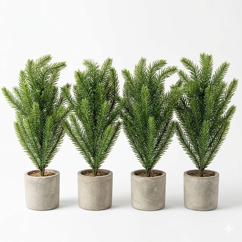 Suncalla 4 Pack Small Artificial Christmas Norfolk Pine Tree Rustic Table Decorations Centerpiece Indoor 14 Inch Faux Pine Trees with Pulp Flowerpot for Holiday Farmhouse Decor