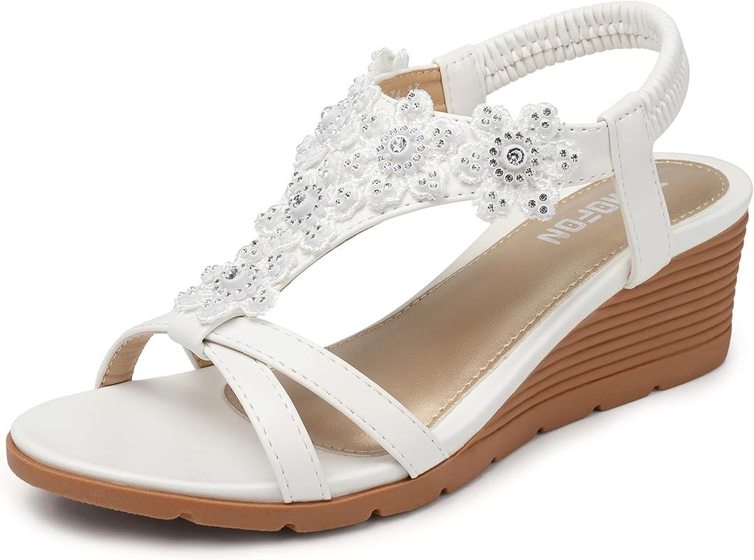 TEMOFON Women's Low Wedge Heels Summer Dressy Platform Sandals Elastic Ankle Strap Open Toe Flower Shoes EU42