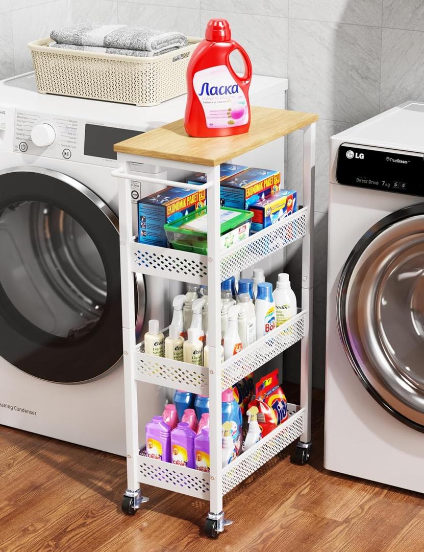 Utility Slim Storage Cart, 4-Tier Narrow Bathroom Organizers and Storage Cart, Narrow Metal Kitchen Laundry Room Organization Shelf with Wood Top, Slim Rolling Carts with Wheels for Small Space (9.1 inch wide, White)