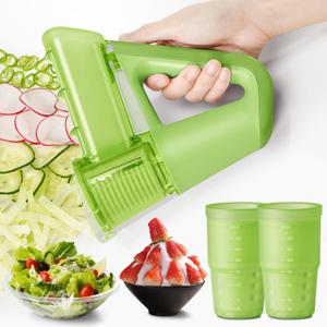 4 in 1 Electric Salad Shooter Vegetable Fruit Slicer/Shredder Smoothie Ice Shaving Cordless Handheld Machine with 4 Blades 2 300ML Measuring Storage Cups (GREEN)