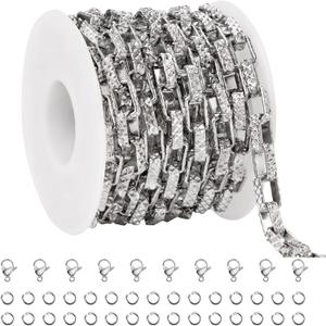 SMYHTGLIF 3 Meters Silver Stainless Steel Chain for Jewelry Making Embossed Chunky Box Chain Roll Craft Jewelry Supplies with Lobster Clasps and Jump Rings