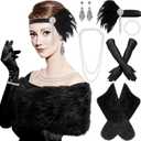 Zhanmai 20s Flapper Accessories for Women 1920s Costume Set Halloween Fur Faux Scarf Headpiece Necklace Earrings Gloves (Black)
