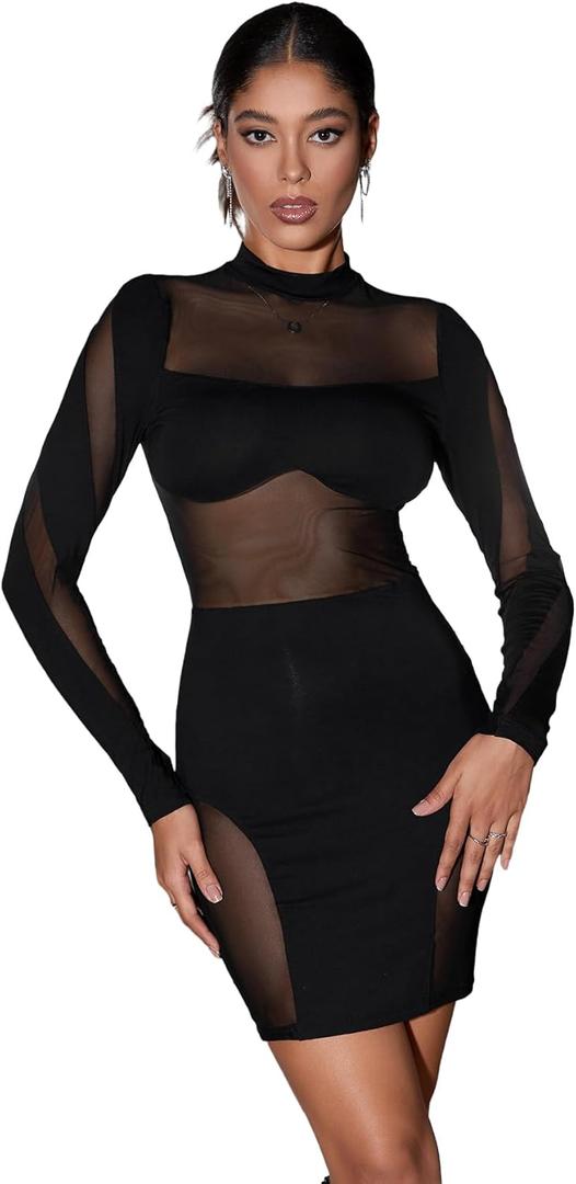 GORGLITTER Women's Sheer Mesh Cut Out Bodycon Dress Long Sleeve Mock Neck Mini Pencil Dresses (Large, Black)