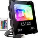 ASIGN 20W RGB LED Flood Lights, Indoor Outdoor Decoration Light Waterproof Color Changing LED Security Light with Remote Control, Dimmable Wall Washer Lights with US 3-Plug