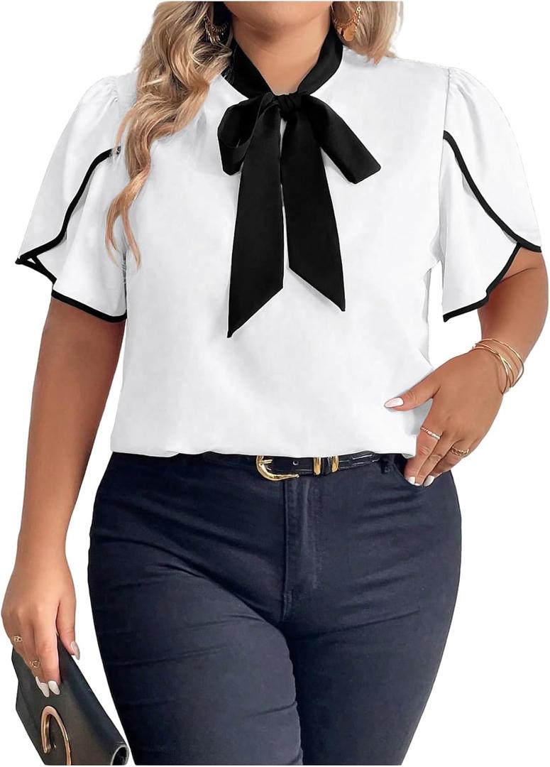 Women's Plus Size Work Office Blouse Bow Tie Neck Petal Sleeve Business Casual Blouse Shirts Top (3X-Large Plus, White)