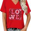 Valentines Shirts for Women V-Neck Valentine Day T-Shirt Love Tee Heart Tops (S)
