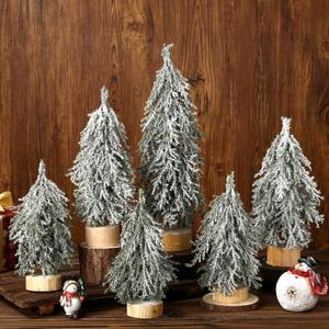 Sosation 6 Pcs Mini Christmas Tree Villages Tabletop Bottle Brush Trees Desk Small Christmas 6 Size Norfolk Pine Xmas Tree with Wooden Bases Spray Snow Separate for Table Indoor Winter Gift Decor
