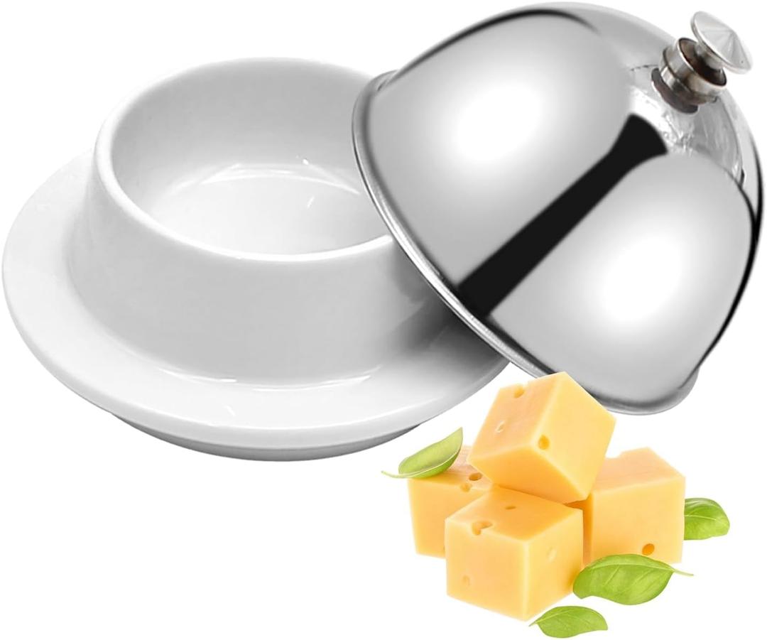 EATAKWARD Ceramic Butter Dish with Stainless Dome Cover, Cheese Dish with Lid, Small Cheese Plate Serving Tray with Silver Handled Lid for Countertop, Dessert, Cupcake, Cream Cake, Appetizer