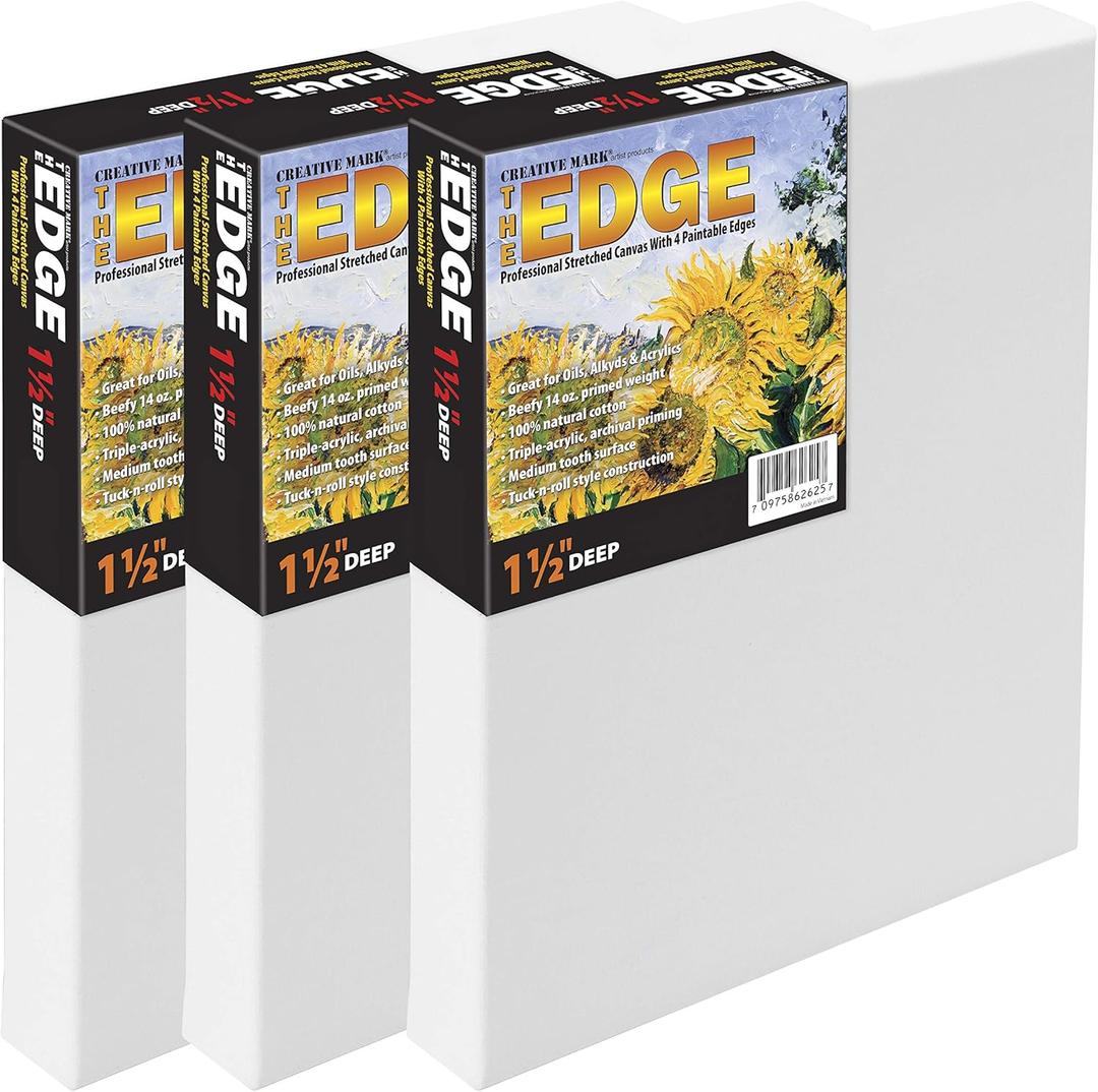 Creative Mark The Edge Deluxe Cotton 1-1/2" Deep Stretched Canvas for Painting, 8x8 Pack of 3, 14oz. Primed Weight, Universal Archival Priming, Medium Tooth, Frameless Artwork Canvas for Painters