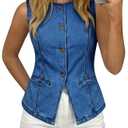 Tankaneo Womens Button Down Denim Vest Trendy Fitted Sleeveless Jean Tank Tops Crew Neck Waistcoat
, Size S