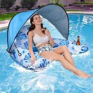 MorTime Pool Float Chair with Canopy Cup Holder for Adults, 47.2 x 37.4 Inches Inflatable Water Pool Lounge Raft Pool Floating Chair with Ergonomic Headrest for Swimming Pool Summer Beach Party