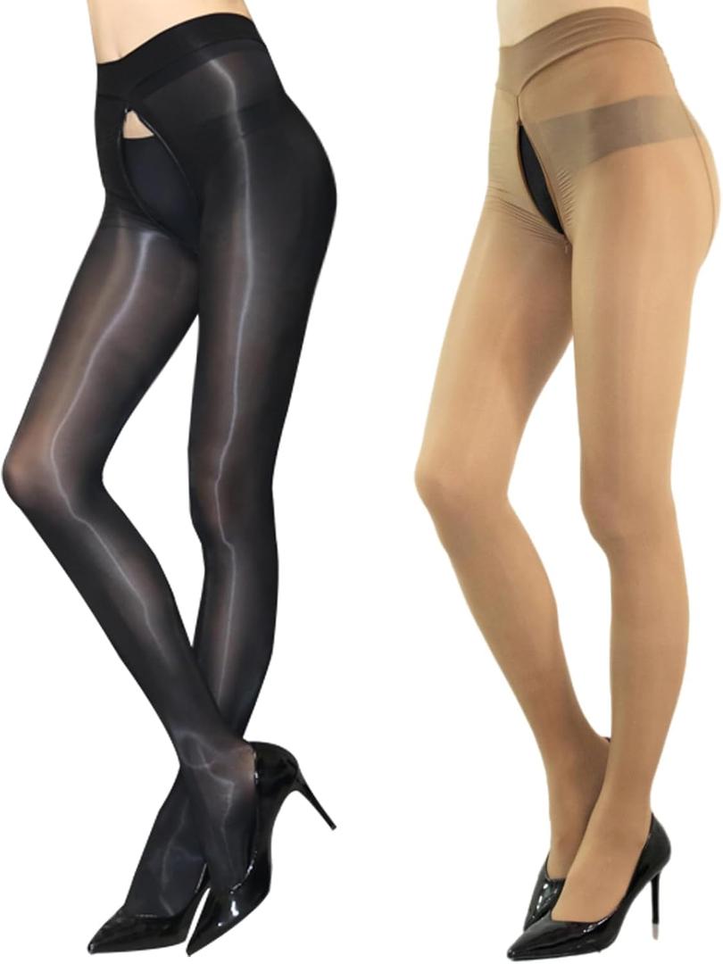 HTRUIYA 2 Pairs Shiny Pantyhose for Women 8D Sheer Tights Oily Gloss Pantyhose Invisible Zip Tights Smooth Stockings (One Size, Brown)