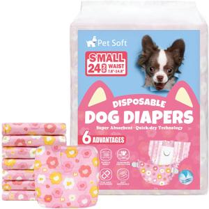 Pet Soft Female Dog Diapers - Disposable Puppy Diapers for Dogs & Cats, Ultra Absorbent for Doggy in Heat Period or Urine Incontinence, 24pcs (S, Pink)