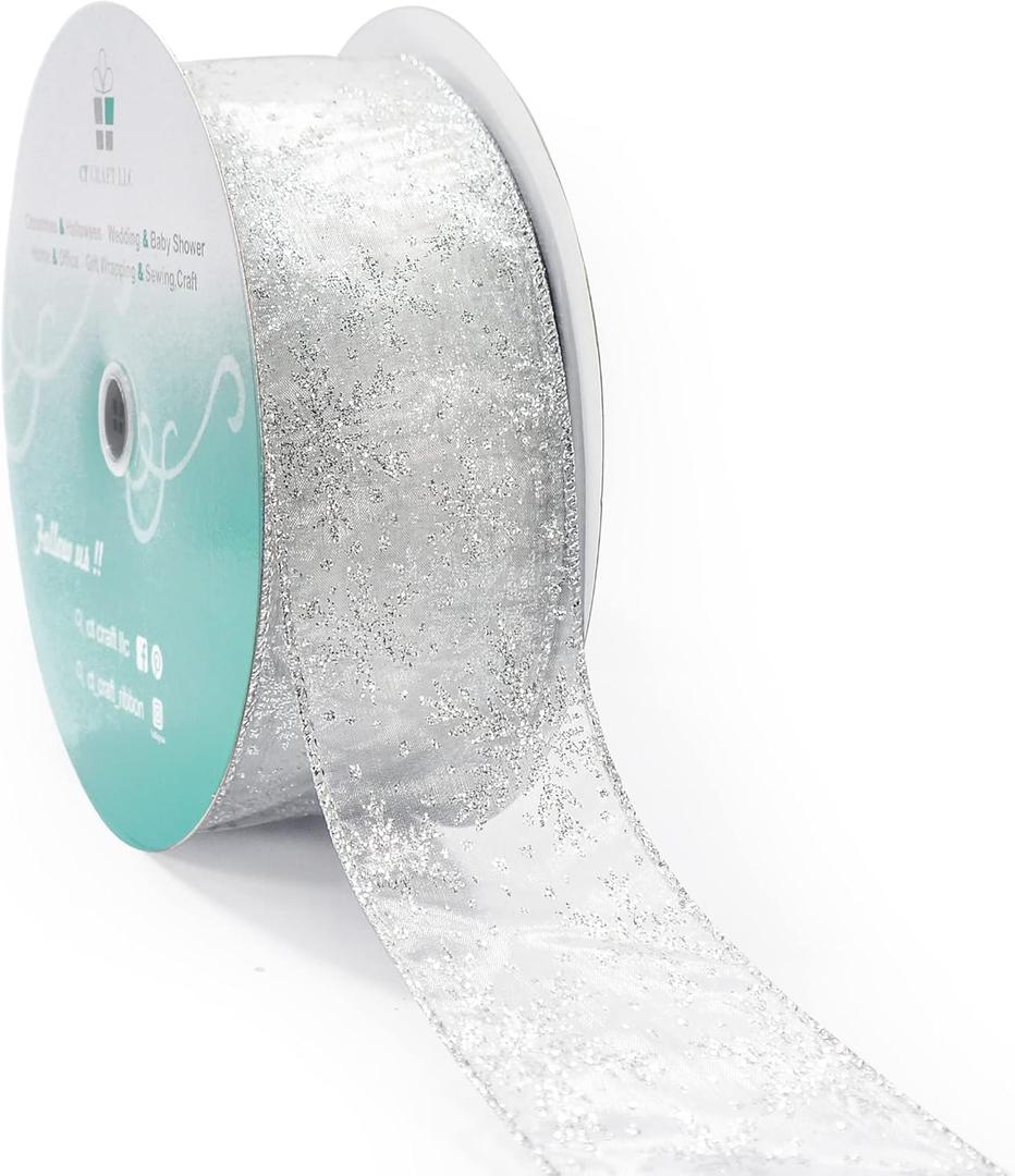 CT CRAFT LLC Organza with Silver Glitter Snowflakes Wired Ribbon 2.5 inch x 50 Yards for Christmas Home Decor Tree Topper Bow Gift Wrapping DIY Crafts Wreath Garland Wedding