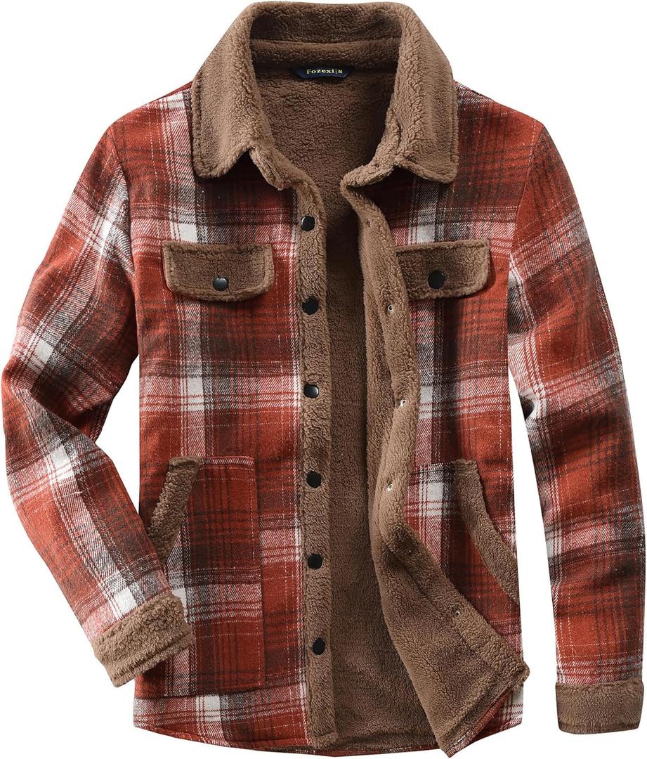 Women's Sherpa Lined Jackets Sherpa Turn-Down Collar Warm Winter Fleece Flannel Jacket for Women Trendy (Large, Orange/White)