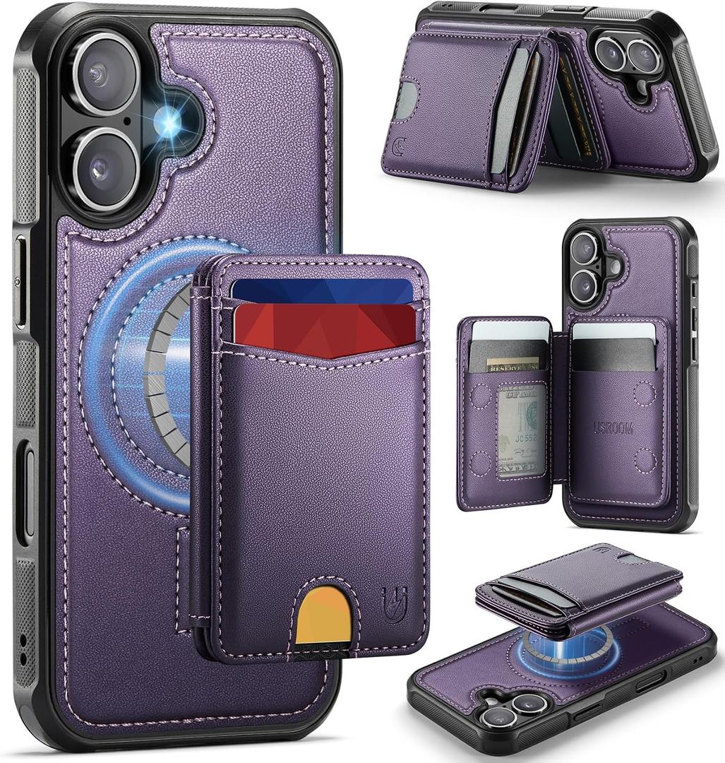 for iPhone 17 Wallet Case Compatible with Magsafe, Magnetic RFID Blocking Card Holder Kickstand 2 in 1 Detachable Case for iPhone 17 6.3", Purple