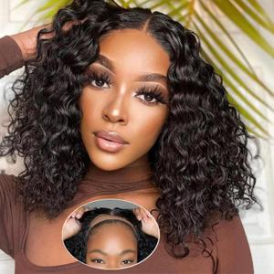 Wear and Go Glueless Wigs Human Hair Pre Plucked Pre Cut Deep Wave Curly Bob Lace Front Wigs Human Hair For Black Women 180% Density 4x4 Lace Closure Wigs For Beginners Water Wave Wig(14in)