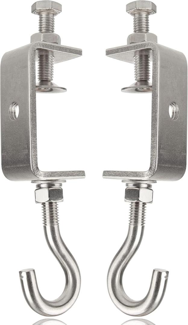 2 9/16In Stainless Steel Small C Clamps + Heavy Duty Metal Threaded Hanging Screw Hook/Open Cup Bolt Hook, With Stable Wide Jaw Opening&Protective Pad/I-Beam Design (2PCS)