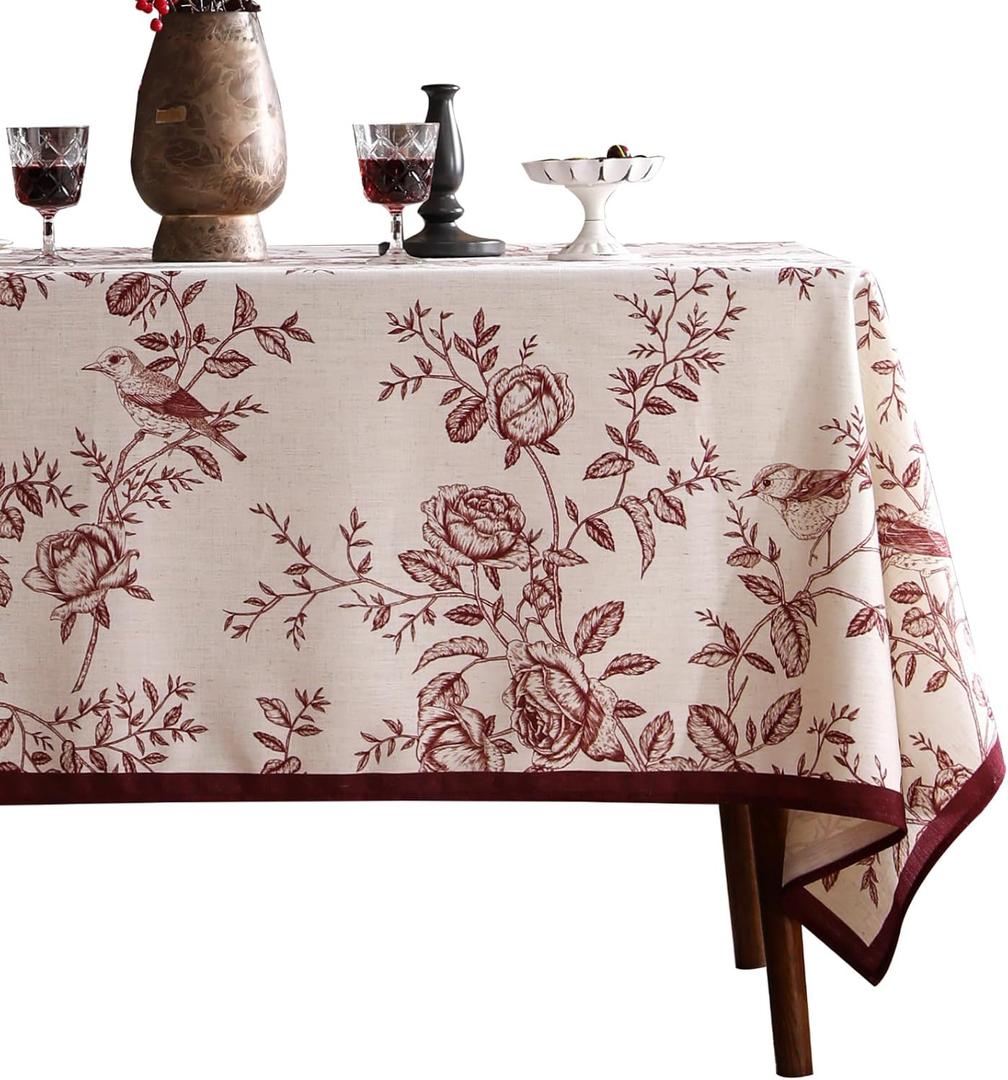 ISAENNE Designer Vintage Linen Extra Long Rectangle Tablecloth,Red Floral Pattern Linen Stain Resistant Table Cloth,Decor Tablecloths for Dining Thanksgiving Kitchen Party,67"*118"-Harmony