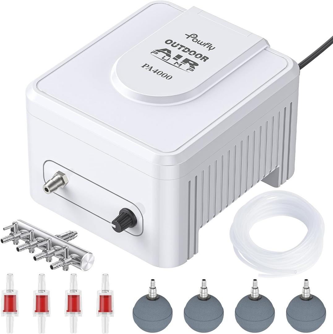 Pawfly Pond Air Pump Outdoor Oxygen Pump for Fish Koi Ponds 3000 to 10000 Gallons Adjustable Pond Garden Aerator Pump Kit with Airline Tubing Control Lever Valves Air Stones and Check Valves