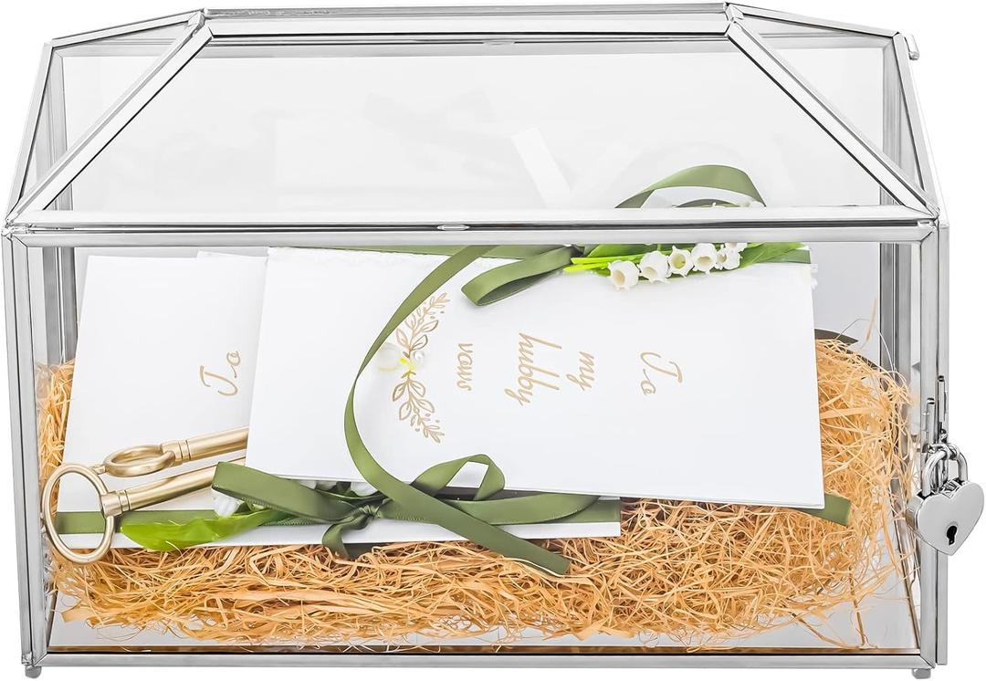 NCYP 12.6" x 5.9" x 9" Wedding Glass Cards Box with Slot and Lock, Thanks Card Holder for Keepsake, Envelops, Reception, Decorative, Silver (Glass Box Only) Slot Length 7.3 Inches