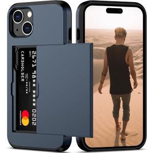 Nvollnoe Compatible with iPhone 15 Plus Case with Card Holder Heavy Duty Protective Dual Layer Shockproof Hidden Card Slot Slim Wallet Phone Cover for Women&Men 6.7 inch(Blue)