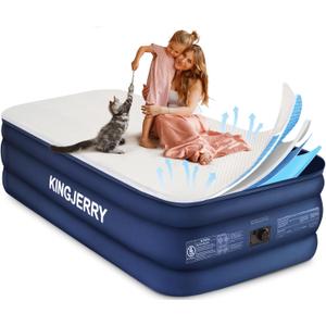 KINGJERRY Twin XL Air Mattress with Built-in Pump, 18" Raised Foam Topper Inflatable Mattress, 80" Length, Washable Silk-Feel Cover, 48Hr Leak-Proof, Supports 500lbs, 2 Min Fast Inflate for Home&Guest