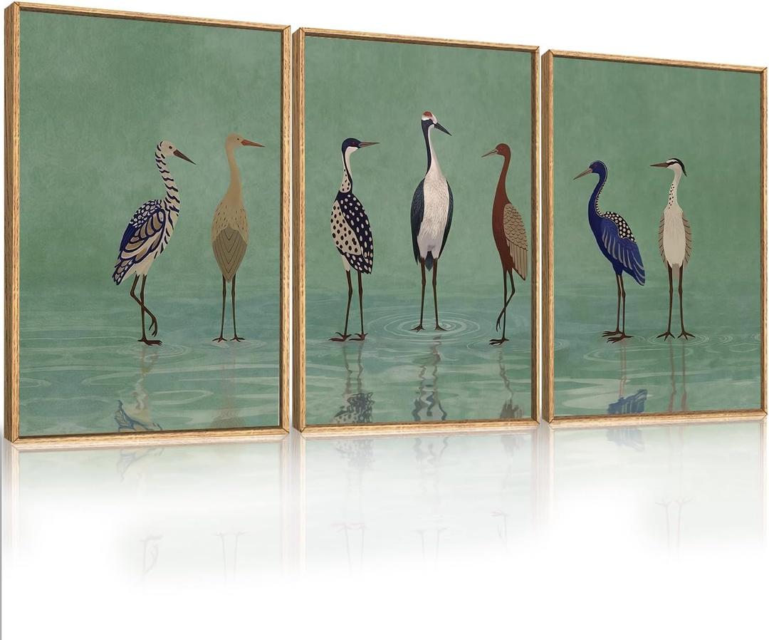 Large Vintage Heron Green Framed Canvas Wall Art,Crane Lake Wildlife Wall Decor,Minimalist Animals Art Prints,Nature Birds Landscape Artwork for Living Room,Bedroom,Farmhouse- 16''x24''x3