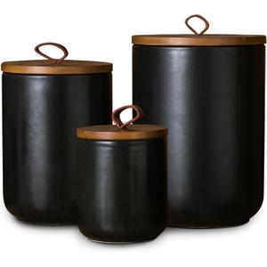 JOJUNO Black Ceramic Canister Set with Wooden Lid, 3-Piece Airtight Food Storage Jars for Kitchen Counter - Flour, Sugar, Coffee, Tea, Spice - Small, Medium, Large Sizes (12/30/48 oz/Black)