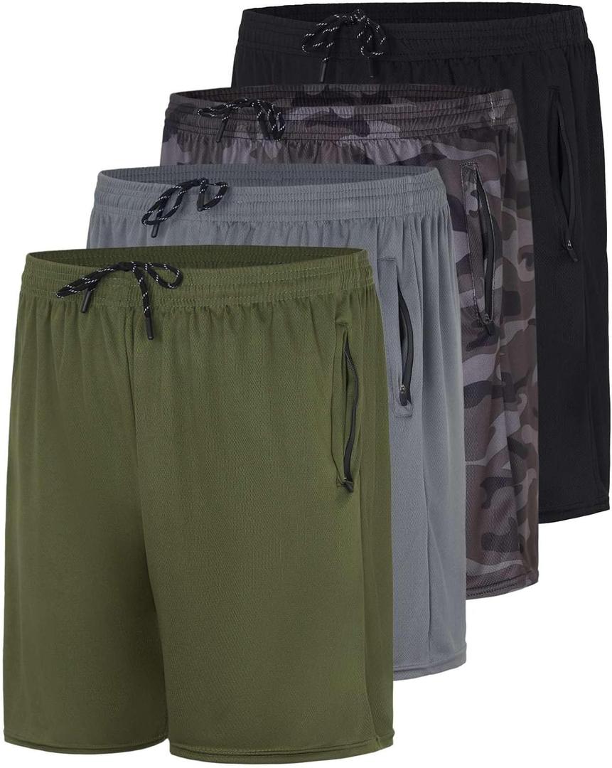 Real Essentials 4 Pack: Men's Mesh 7" Athletic Zipper Shorts Workout Gym Running Basketball (XL)