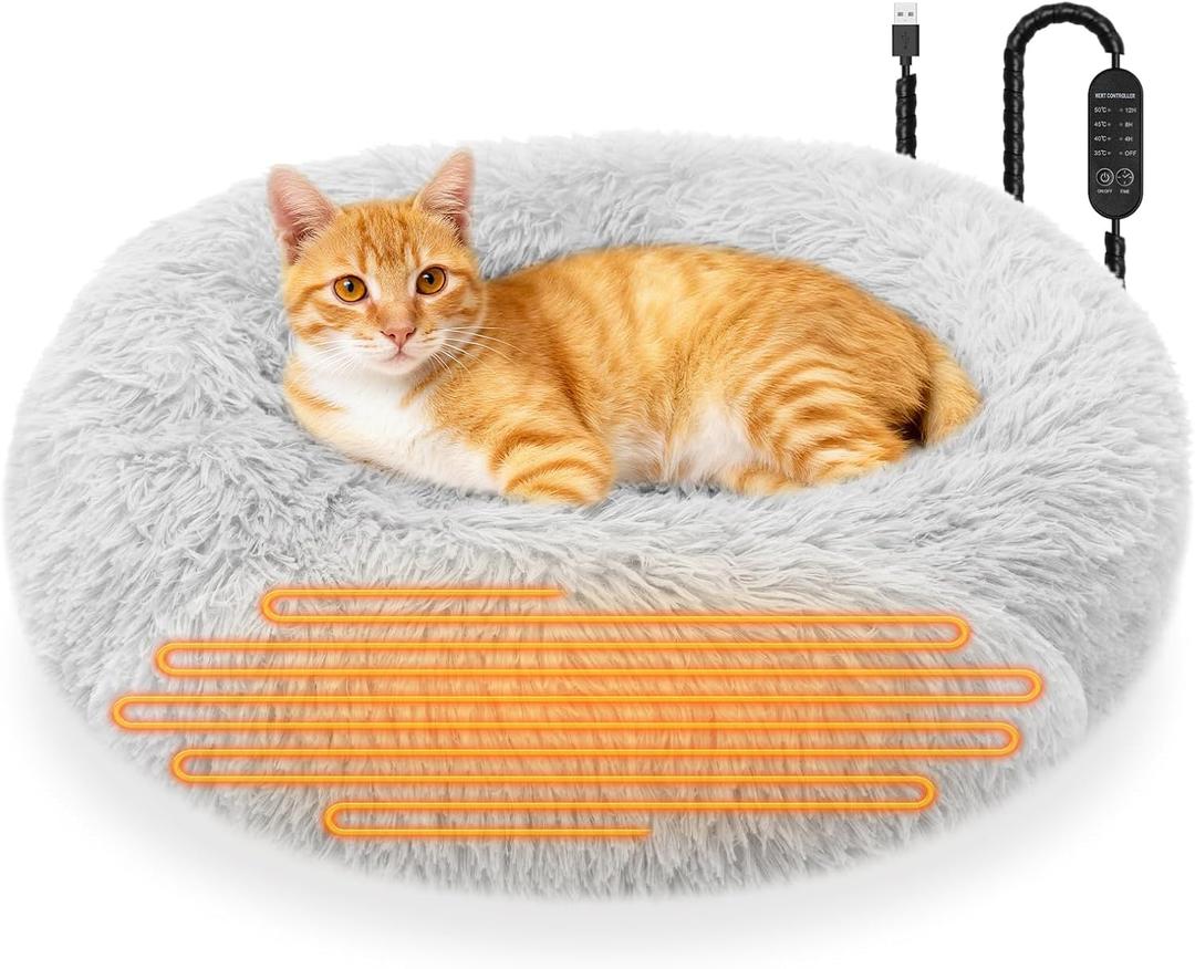 Heated Cat Beds for Indoor Cats and Small Dogs, 24'' Heated Pet Bed with Timer and Temp Adjustable, Cozy Fluffy Round Calming Pet Beds Removable Washable Cover USB Electric Warm Cat Bed- Light Gray