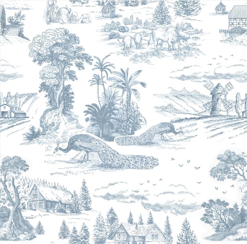 Abyssaly Toile Peel and Stick Wallpaper Blue and White Floral Wallpaper French Country Vintage Animal Self-Adhesive Contact Paper for Bedroom Bathroom Cabinets Decor, 17.3"393.7"