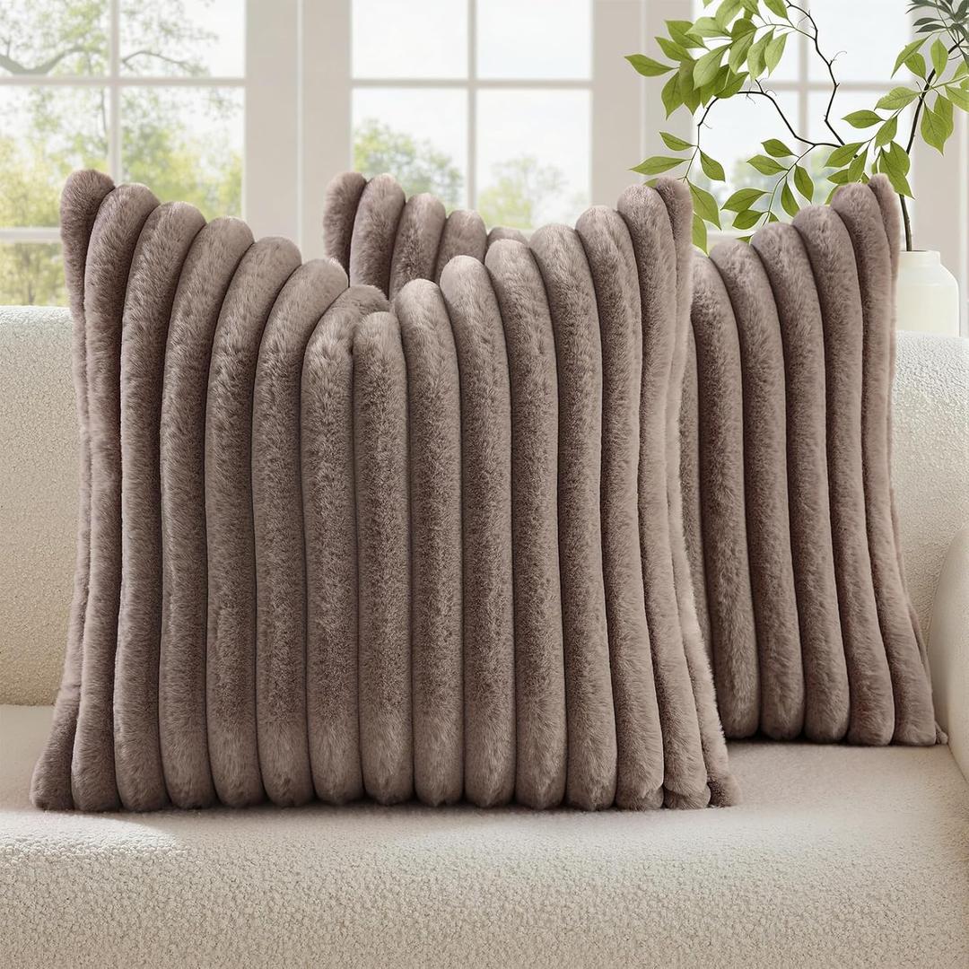 decorUhome Cozy Faux Fur Throw Pillow Covers 20x20 Set of 2 Decorative Soft Plush Striped Modern Farmhouse Boho Couch Pillow Cases with Velvet Back for Sofa Bed Living Room, Light Coffee