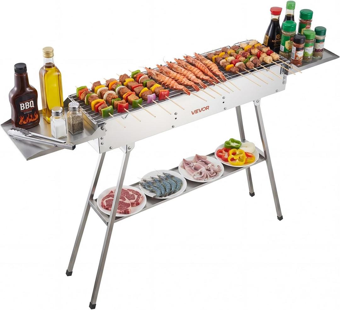 VEVOR Foldable Charcoal Grill, 250 sq.in. Portable Charcoal Barbecue Grill with Liftable Charcoal Tray & Side Tables, Brushed Stainless Steel BBQ Cooking Grills for Outdoor Camping Backyard Parties