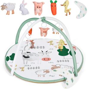 Baby Play Gym Mat, Tummy Time Activity Mat with 5 Detachable Toys and Pillow for Newborn Stage-Based Sensory and Motor Skill Development, Infant Play Mat for Babies to Toddlers (Farm Animals)