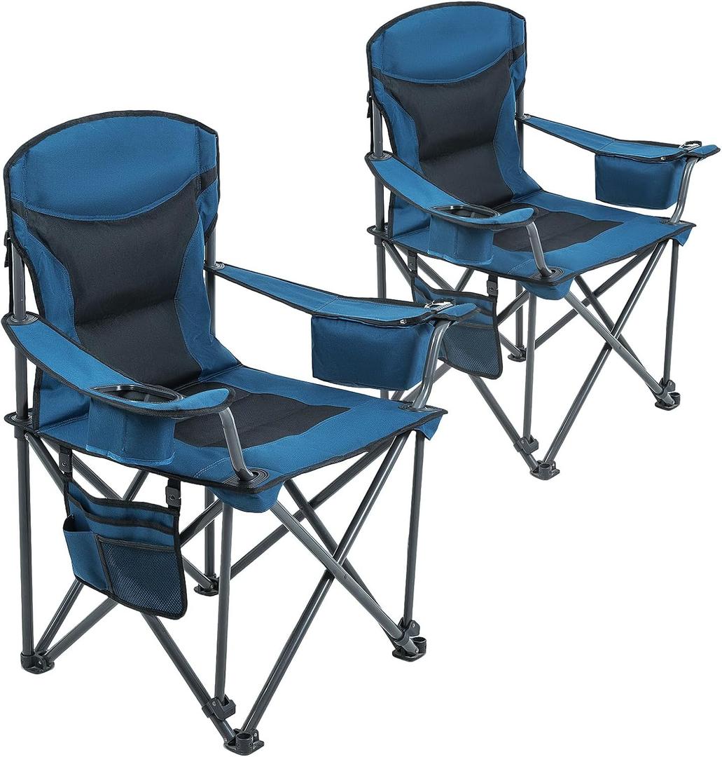 2 Pack Camping Chair for Heavy People Padded Portable Folding Chair Oversized Quad Arm Chair with Lumbar Back Support Supports 500 lbs