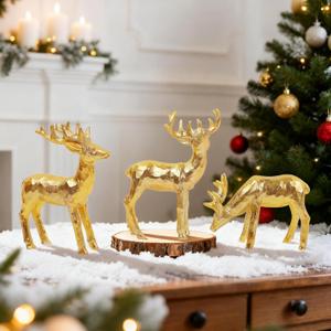 Lulu Home 3 PCS Christmas Tabletop Decorations, Resin Golden Reindeer Family Figurines with Diverse Postures, Xmas Holiday Winter Centerpieces Ornaments for Mantel Shelf Sill Decor(Peer)
