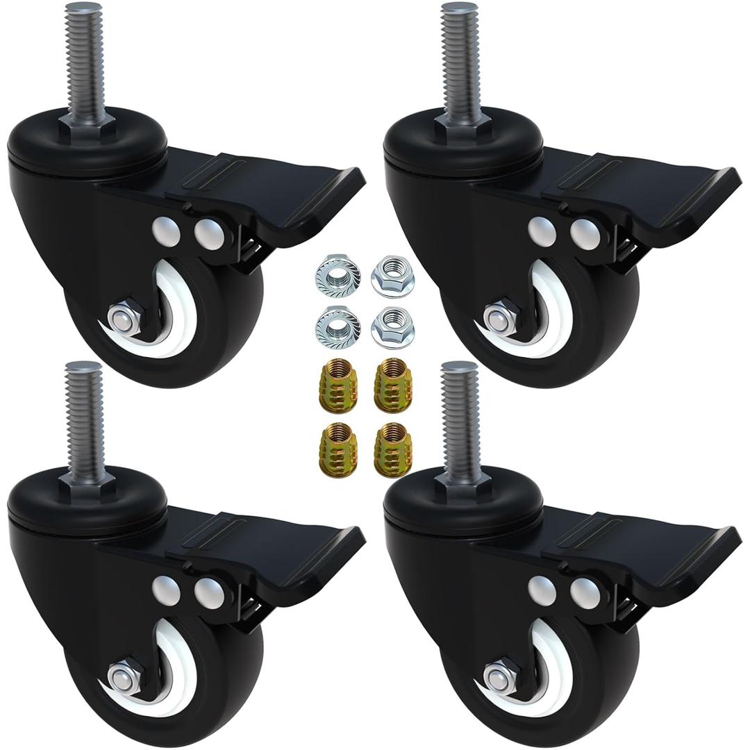 AAGUT 2" Caster Wheels,Heavy Duty Threaded Stem Casters,Screwed Bolt M10 x 25mm Locking Swivel PU Wheels with Brake,4 Pack Double Bearings No Noise Castors