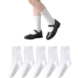 Marchare Girls Ruffle Socks White Dressy Socks School Uniform Sock Heart Bow Design For Girl (White)