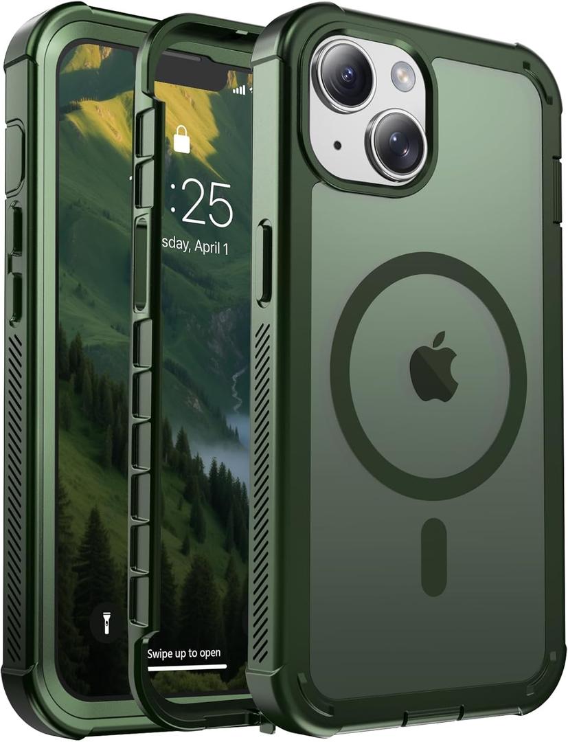 for iPhone 13 case, with [Compatible with MagSafe][Military Grade Drop Protection][Heavy Duty Protection][Non-Slip][Shockproof] with 2-Layer Durable Bumper Phone Case 6.1''-Army Green