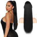 FLUFYMOOZ ponytail extension, 22 Inch Long Straight Drawstring Ponytail Hairpieces Fake Pony Tails Natural Soft Clip in Hair Extension ponytail for Women (Jet Black)