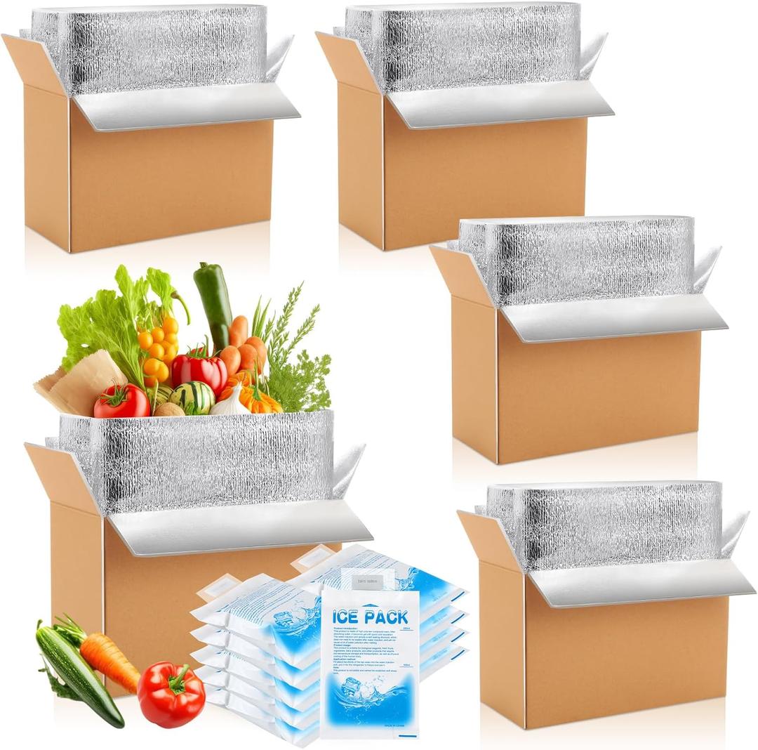 Honoson 4 Pcs Thermal Insulated Shipping Boxes for Frozen Food with Ice Pack and Aluminum Foil Liner for Shipping Big Cold Pack Cooler Mailing Boxes for Moving Hot Frozen Food (12'' X 5.5'' X 7.5'')