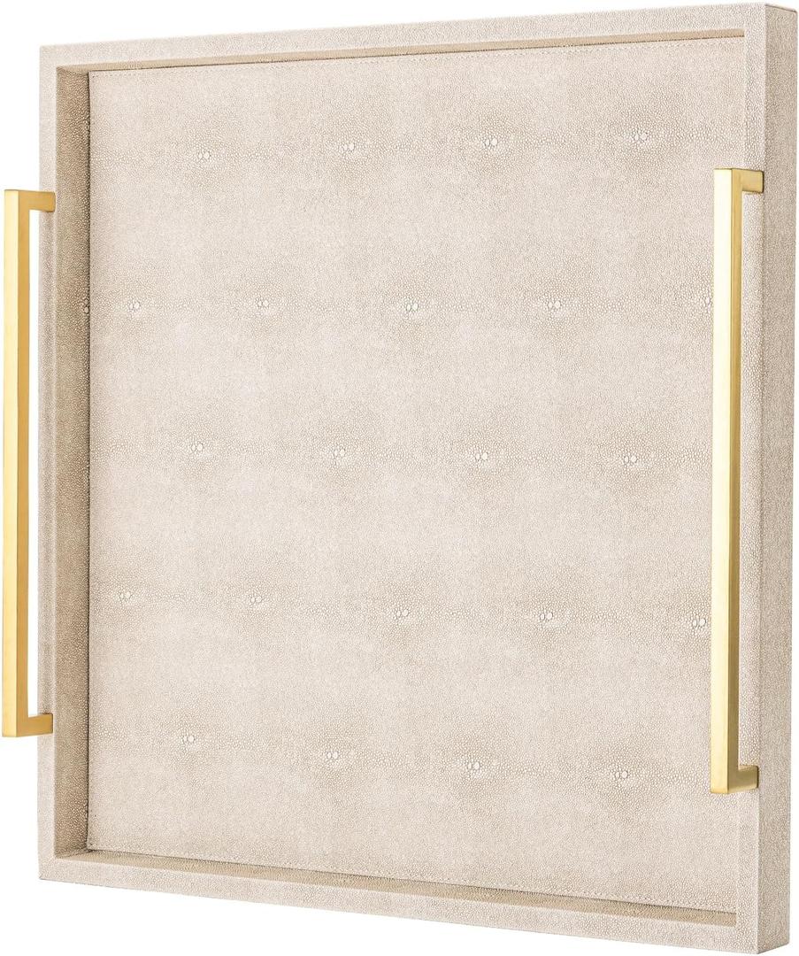 Large Ottoman Tray for Coffee Table,Square Shagreen Leather Decorative Tray with Gold Handles for Living Room Decor (20" x 20" x 3", Ivory)