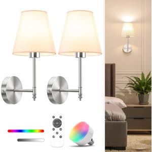 NIORSUN 14.5 inch Battery Operated Wall Sconce Set of 2,Brushed Nickel Rechargeable Wall Lights with 5200mAh Dimmable Bulbs and Remote,9 Colors Wireless Sconces for Bedroom Living Room Decor
