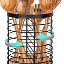 Utensil Holder for Kitchen Counter - 7.2" Large Rotating Utensil Crock, Wooden + Metal Base, Countertop Cooking Tool Spatula Organizer